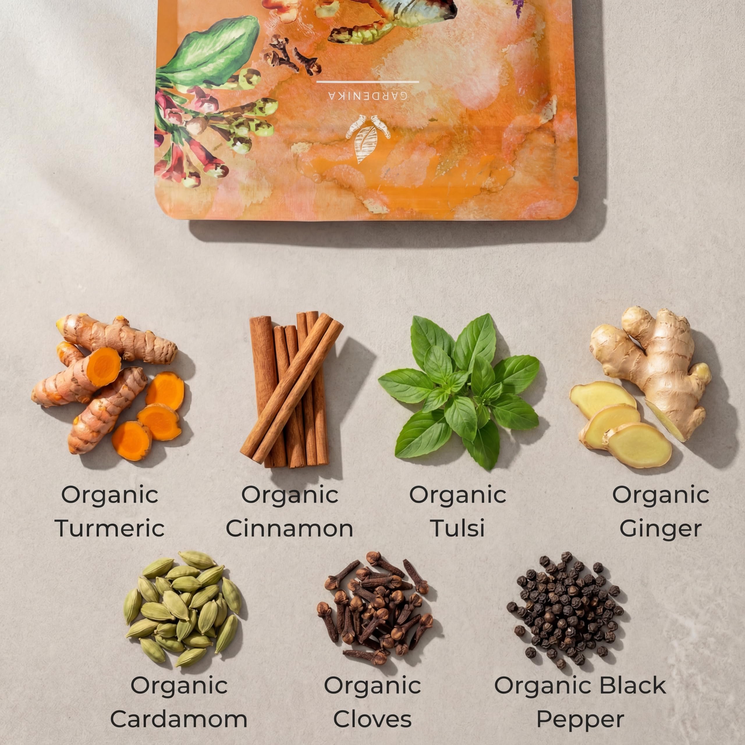Gardenika loose leaf turmeric ginger tulsi tea ready to brew with inviting aroma