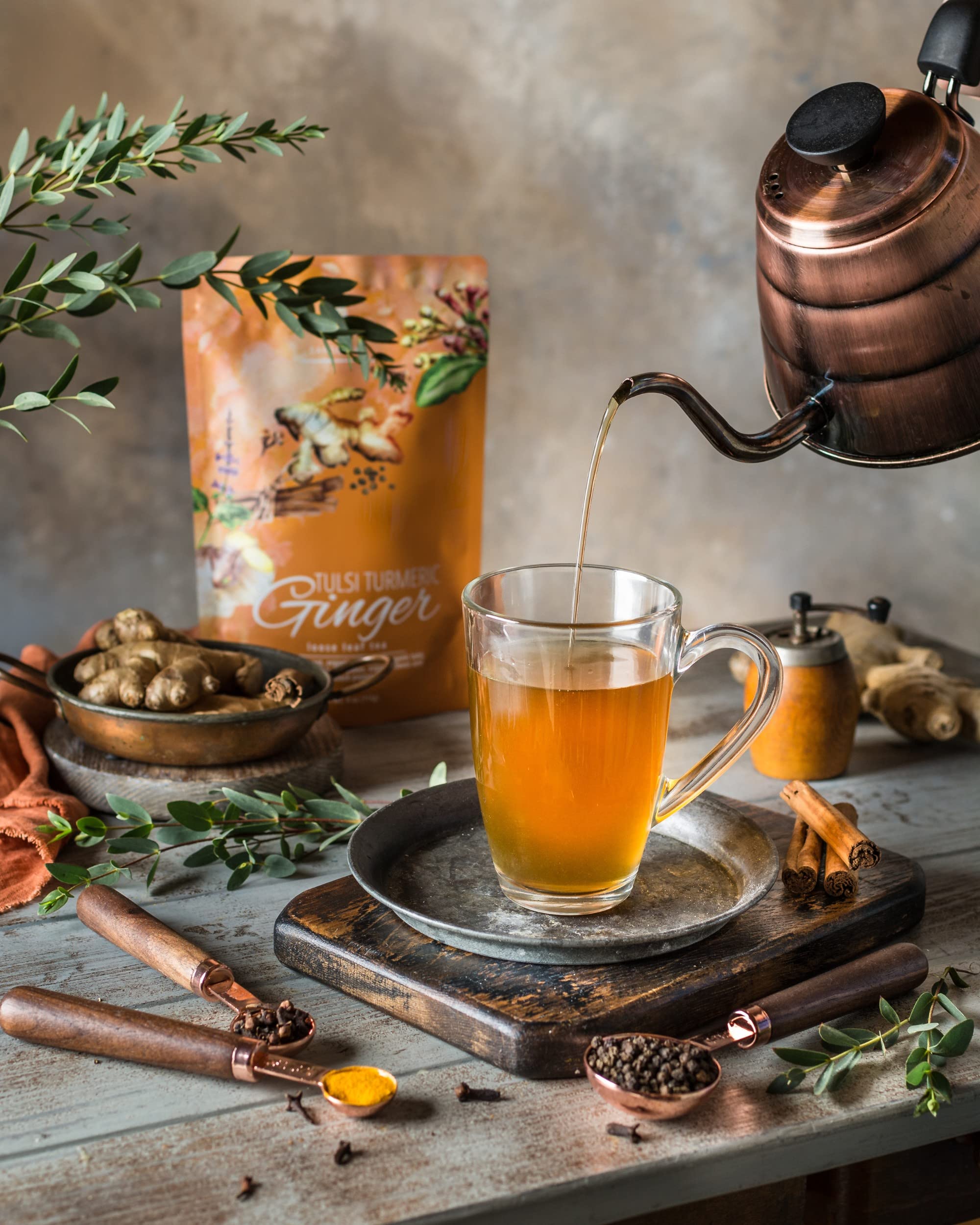 Gardenika turmeric ginger tulsi tea origin India label on pack