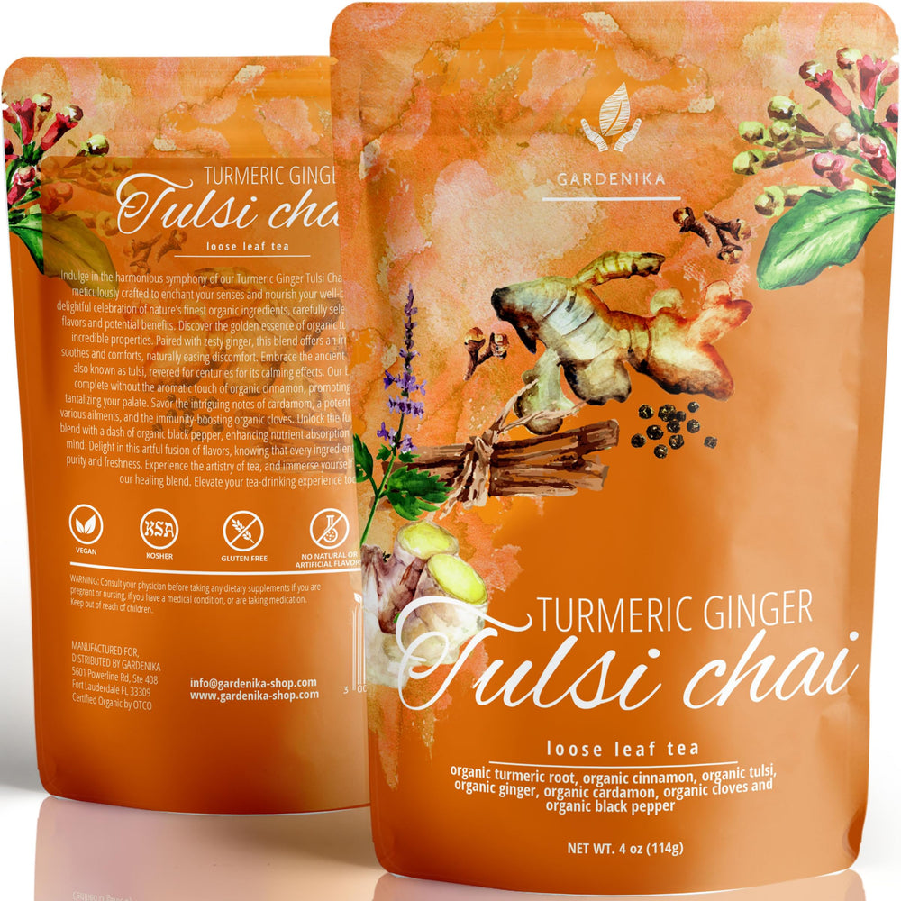 Gardenika Organic Turmeric Ginger Tulsi Tea packaging with resealable pouch keeps freshness