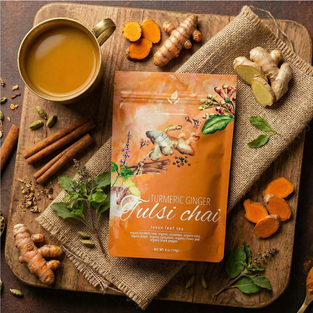 Close-up of turmeric, ginger, and tulsi in Gardenika herbal blend