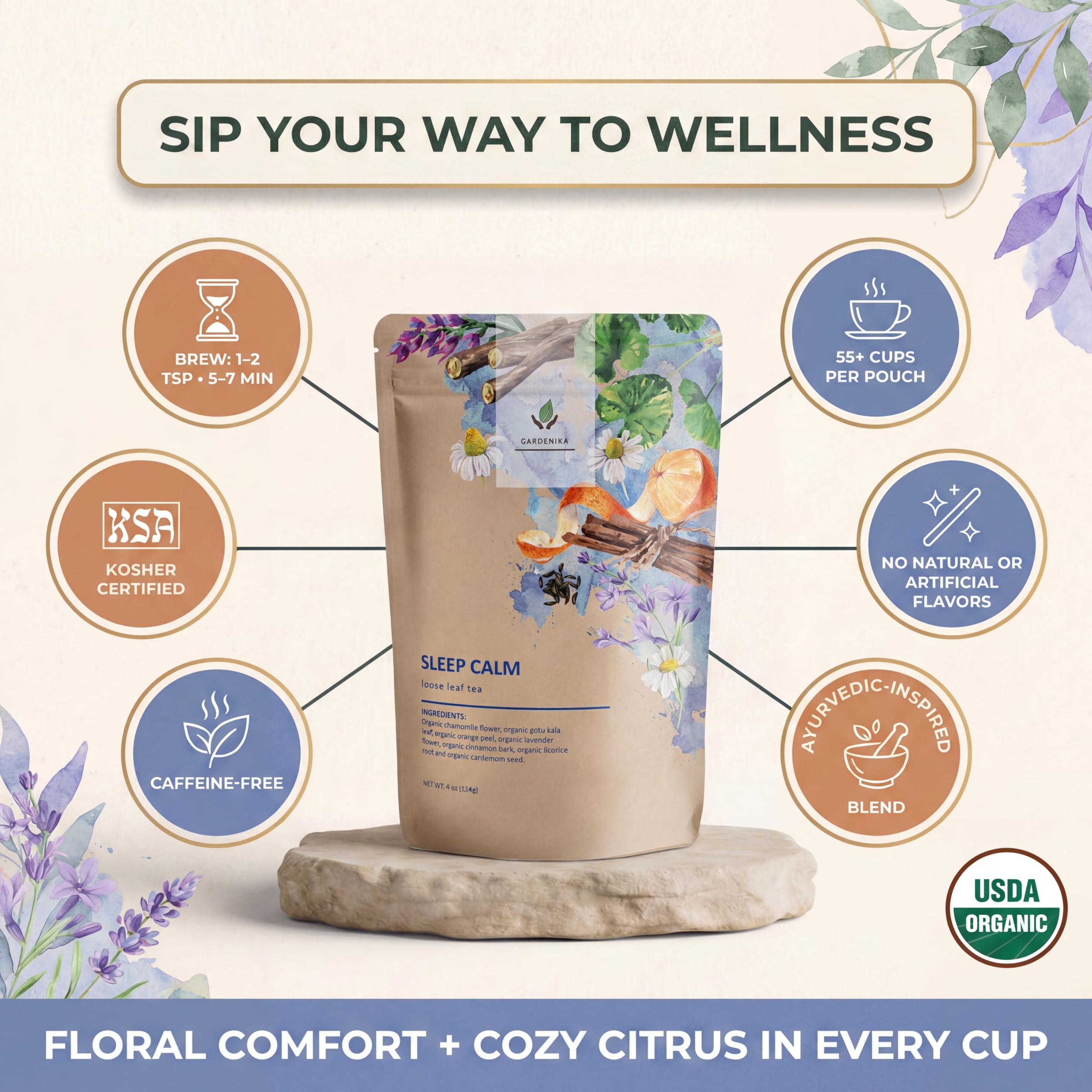 Gardenika Sleep Tea brew with lavender and chamomile provides a soothing sensory experience
