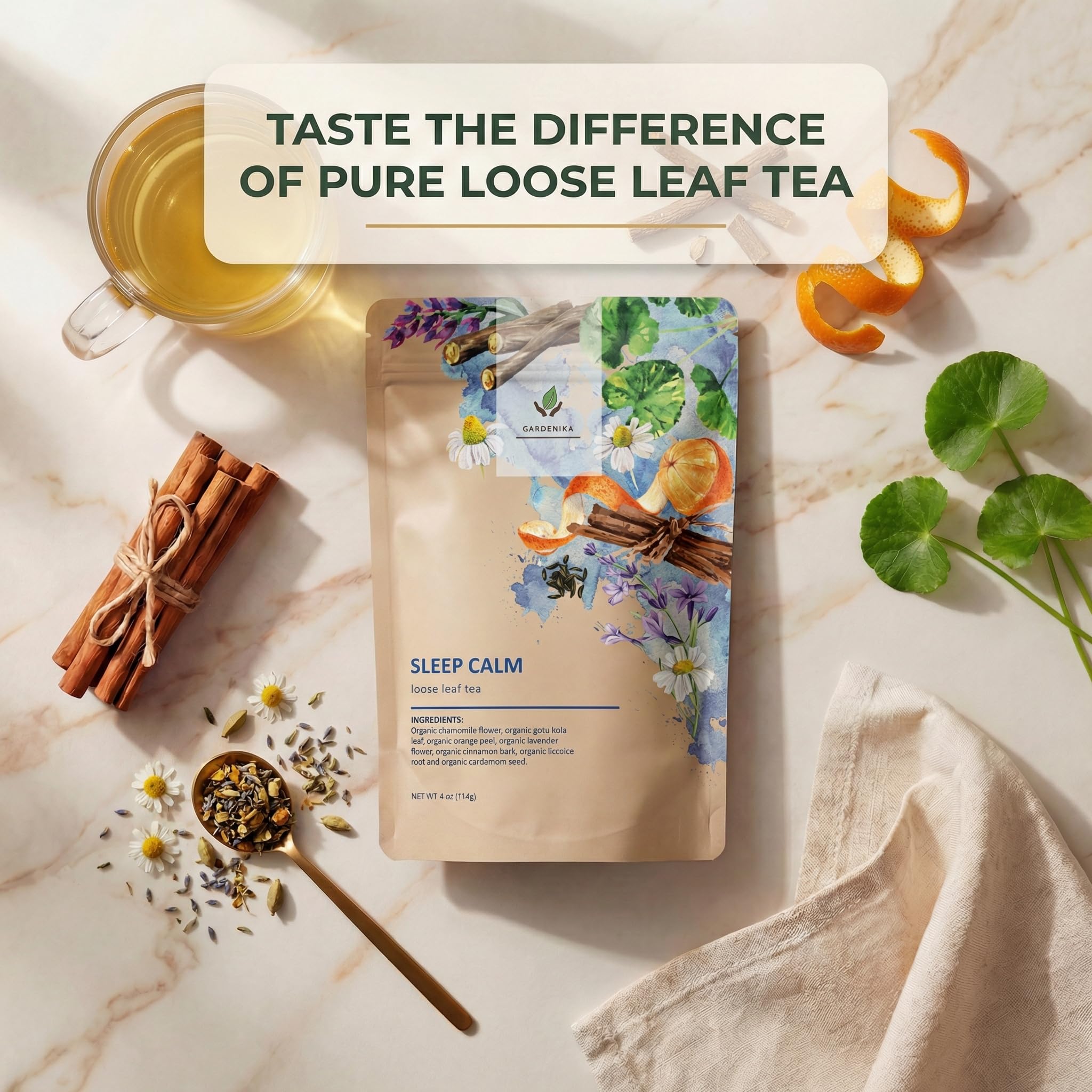 Gardenika Sleep Tea packaging preserves freshness in a resealable 4 oz pouch