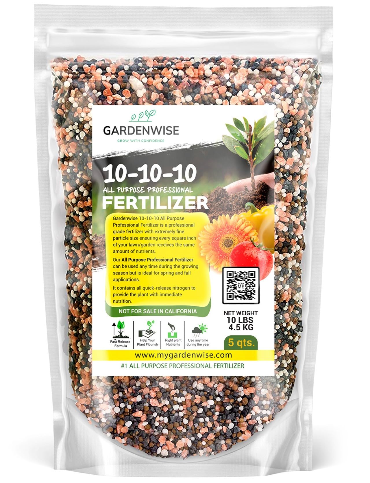 GardenWise 10-10-10 fertilizer granules for outdoor use promote balanced growth.