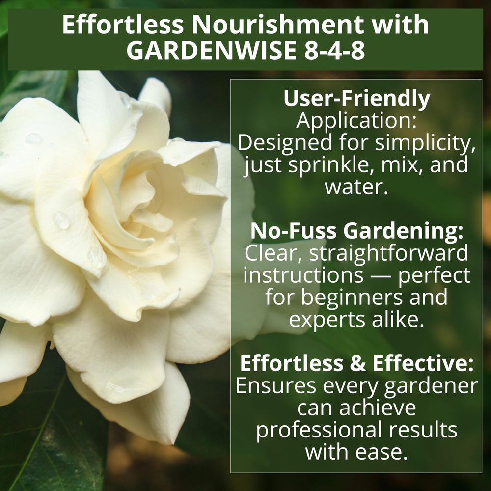 GardenWise 8-4-8 gardenia care with soil acidification for richer fragrance.