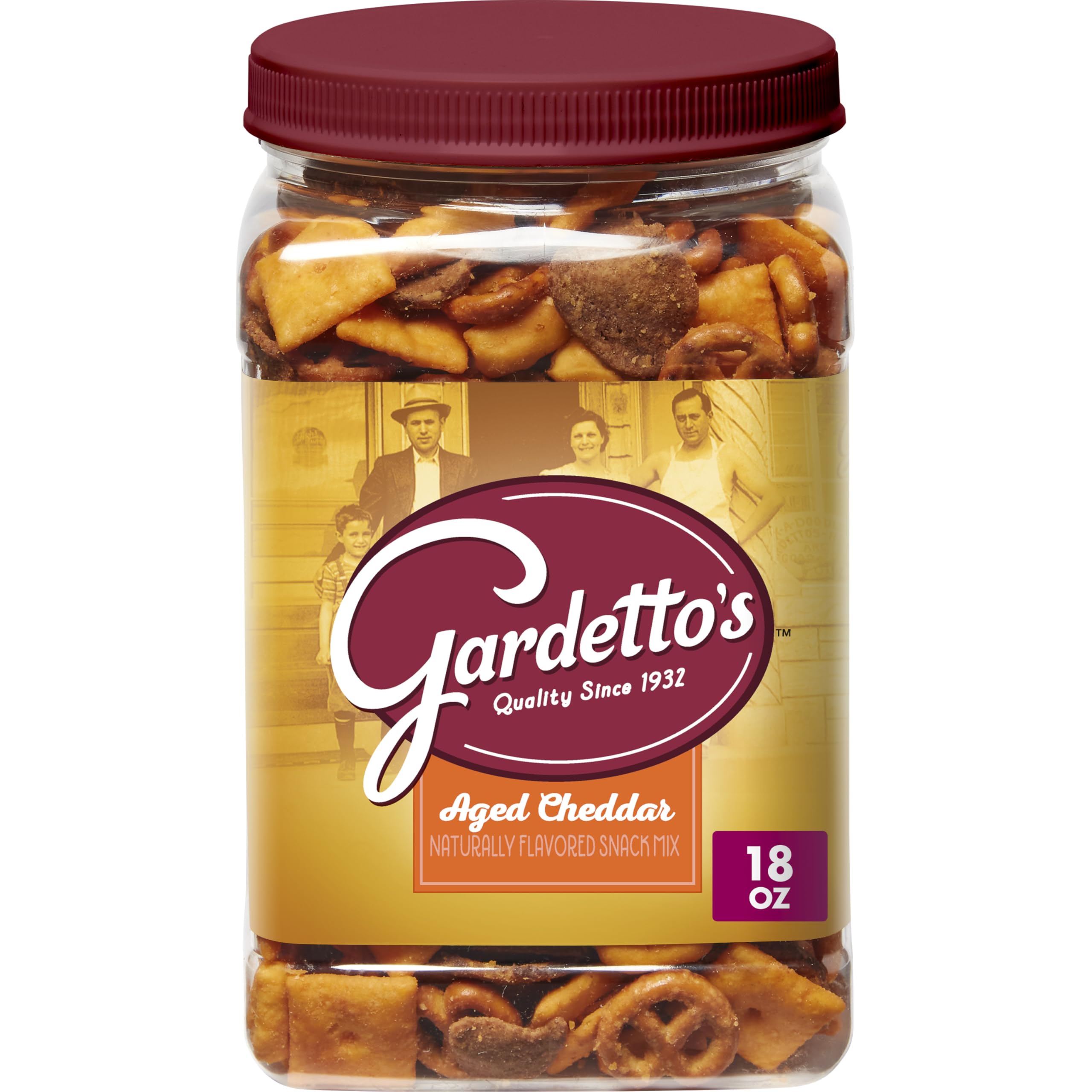 Gardetto's Aged Cheddar Snack Mix tub front view, cheddar crunch for gatherings.