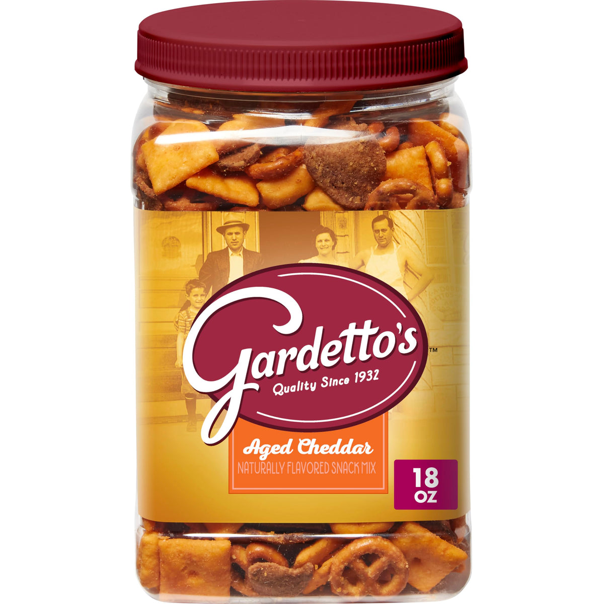 Gardetto's Aged Cheddar Snack Mix tub front view, cheddar crunch for gatherings.