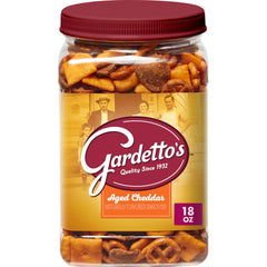 Gardetto's Aged Cheddar Snack Mix tub front view, cheddar crunch for gatherings.