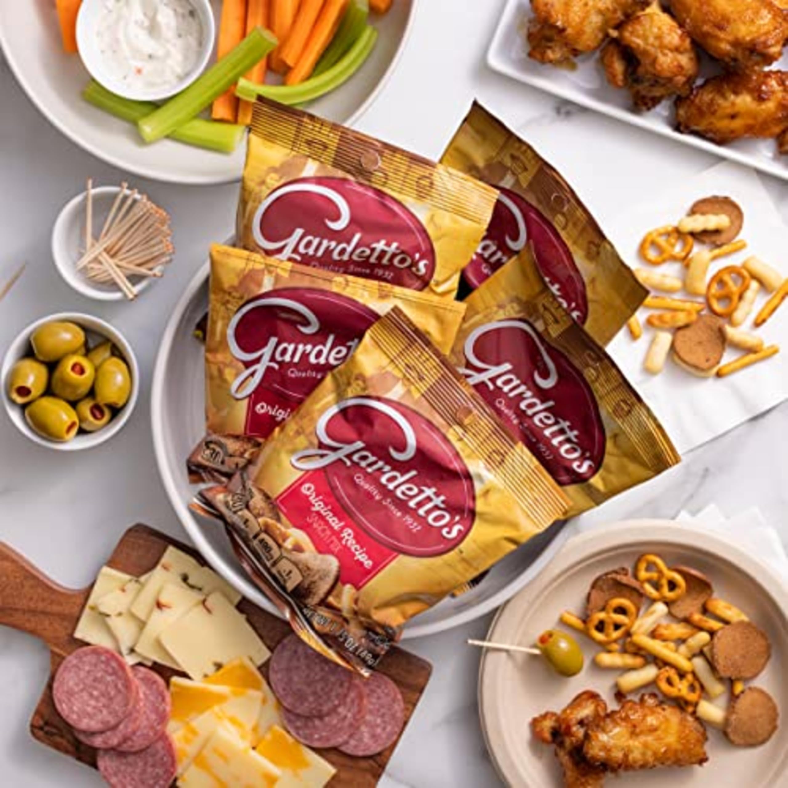 Gardetto's party snack board idea with mixed textures for crowds.