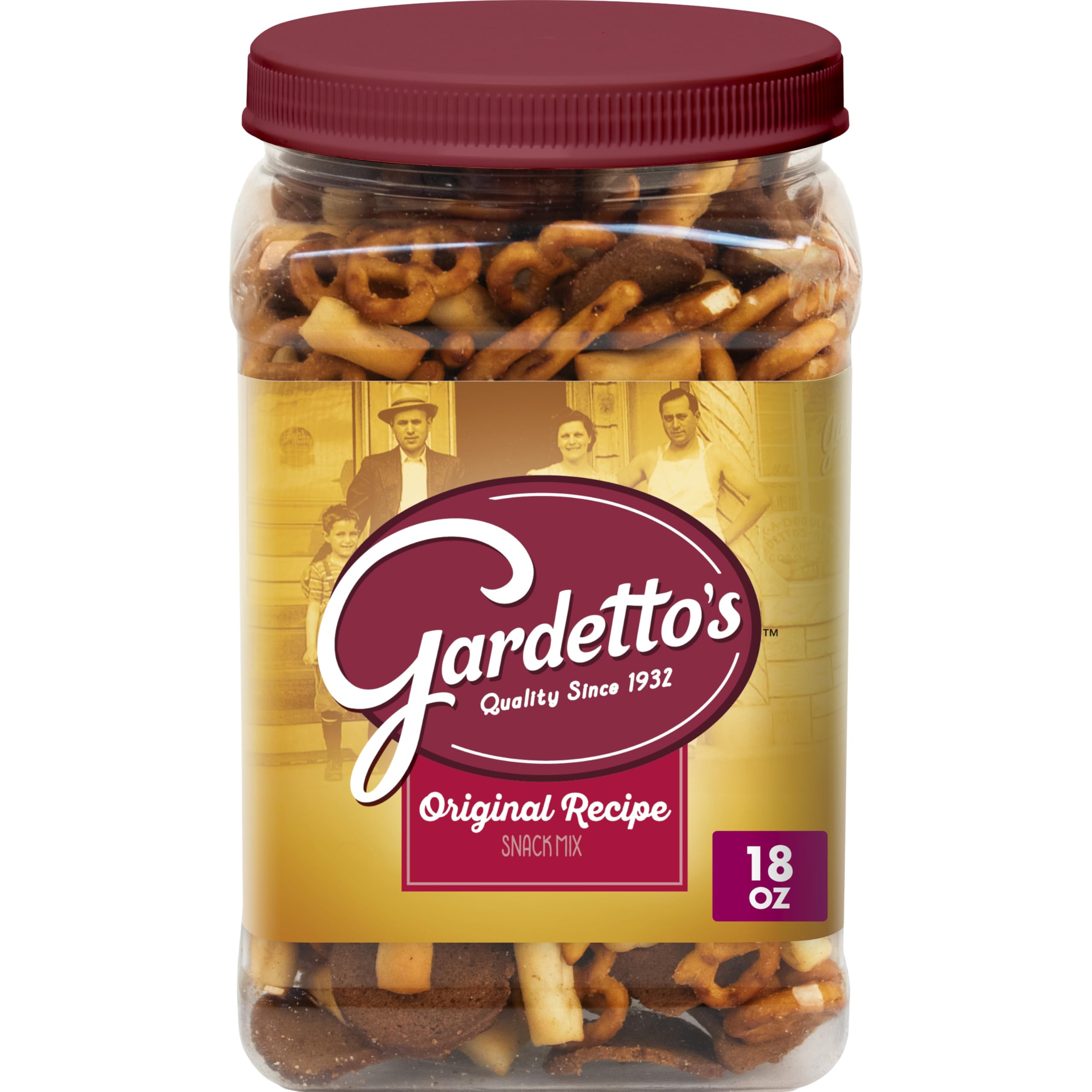 Gardetto's Original Snack Mix tub showing shareable crunch for gatherings