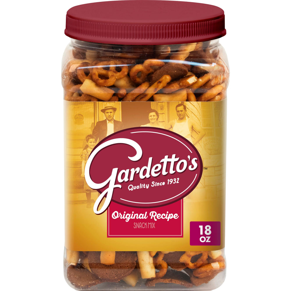 Gardetto's Original Snack Mix tub showing shareable crunch for gatherings