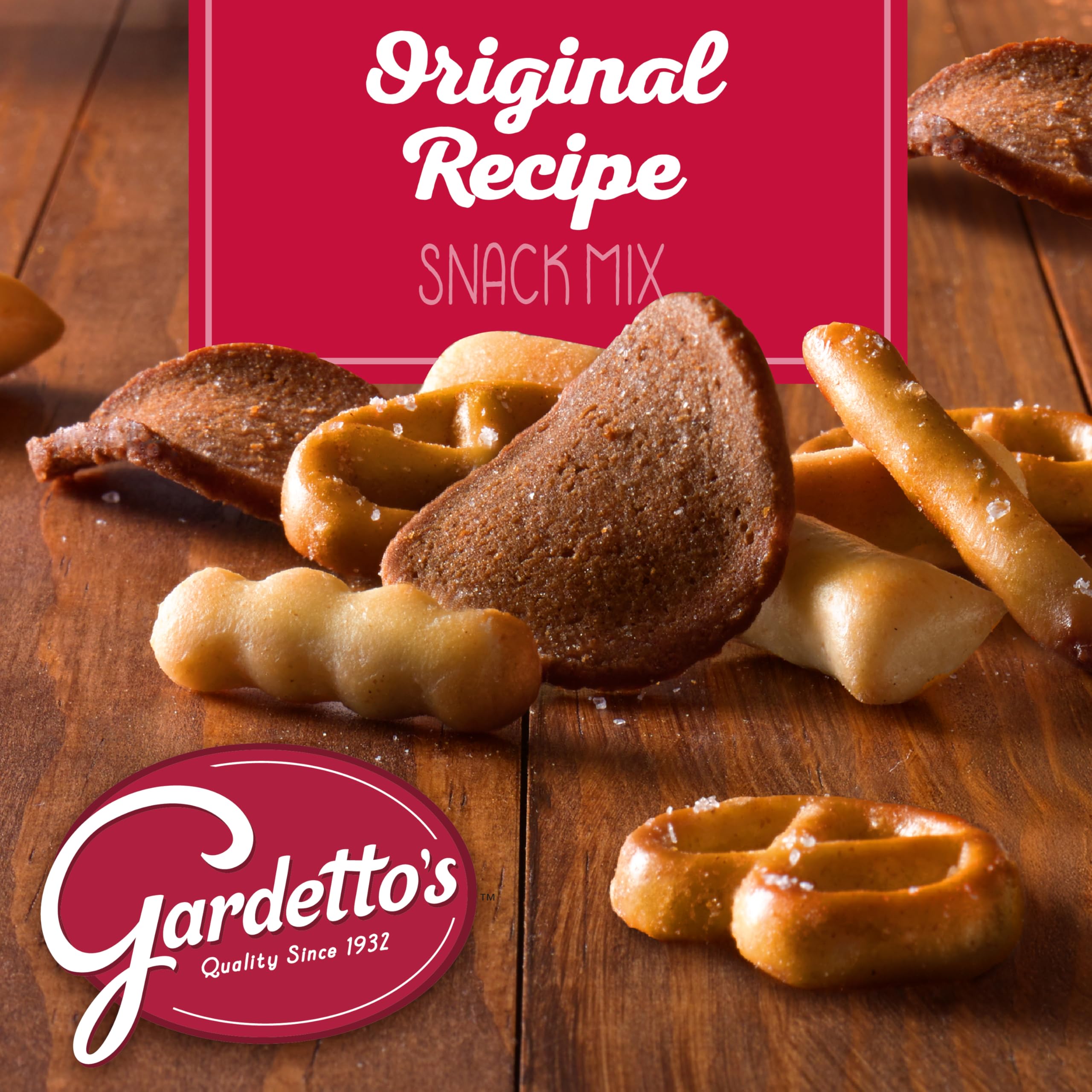Salted pretzels and seasoned bits in Gardetto's mix