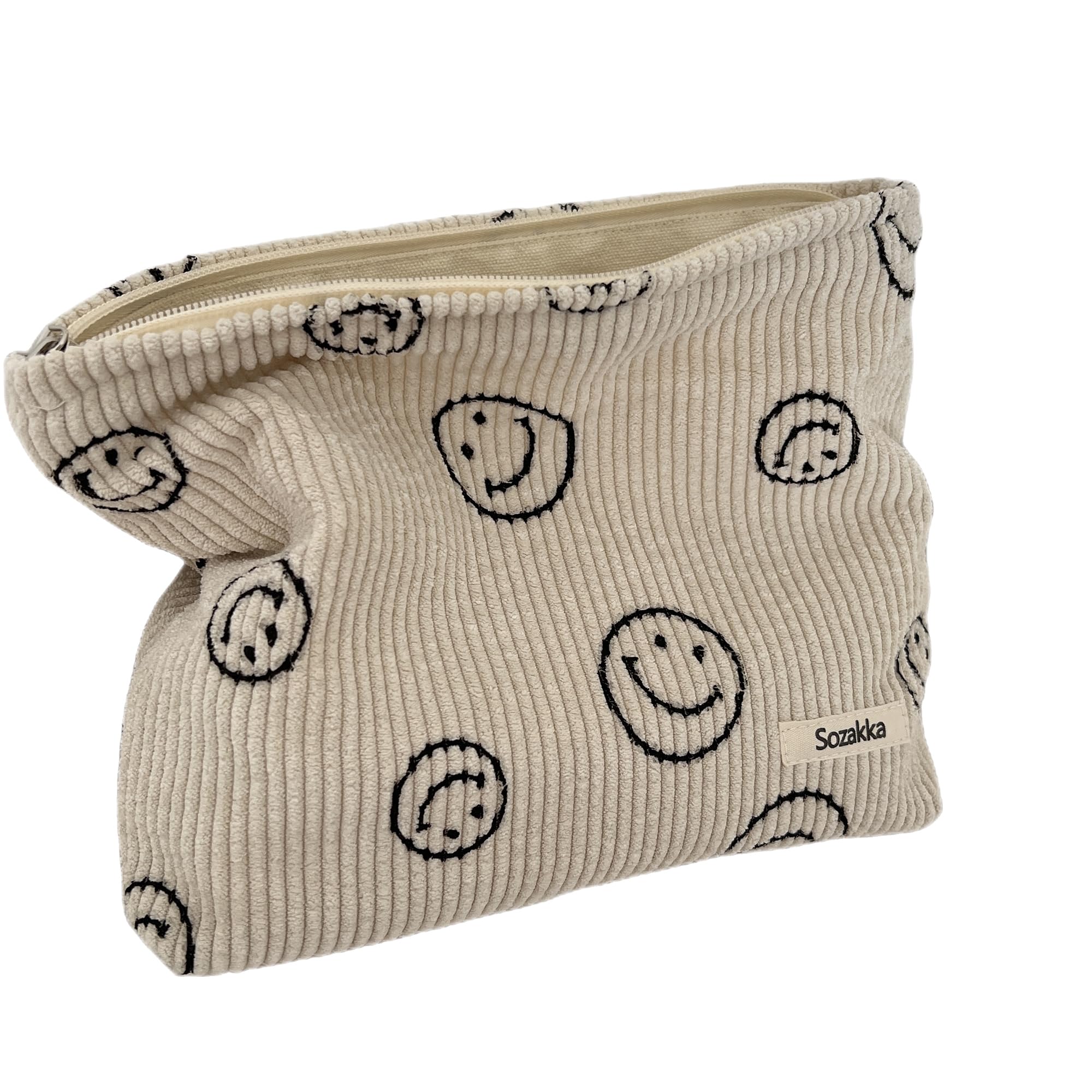 Gardsell corduroy cosmetic bag in beige with smiley dots, ideal for daily makeup organization.