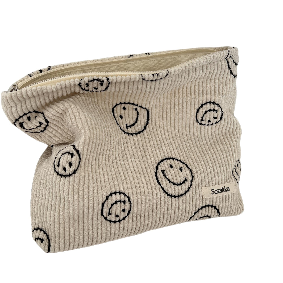 Gardsell corduroy cosmetic bag in beige with smiley dots, ideal for daily makeup organization.