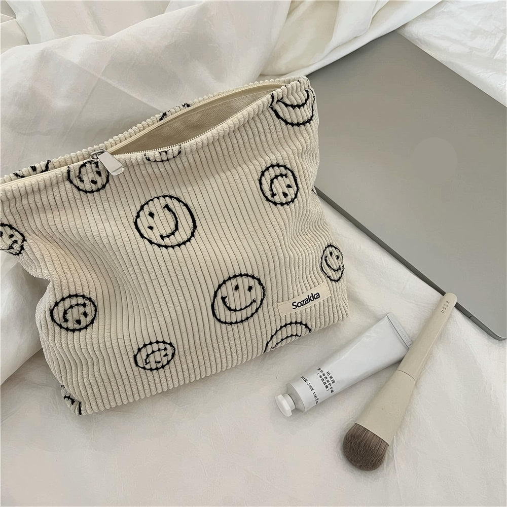 Gardsell corduroy cosmetic bag close-up shows soft fabric protecting cosmetics.