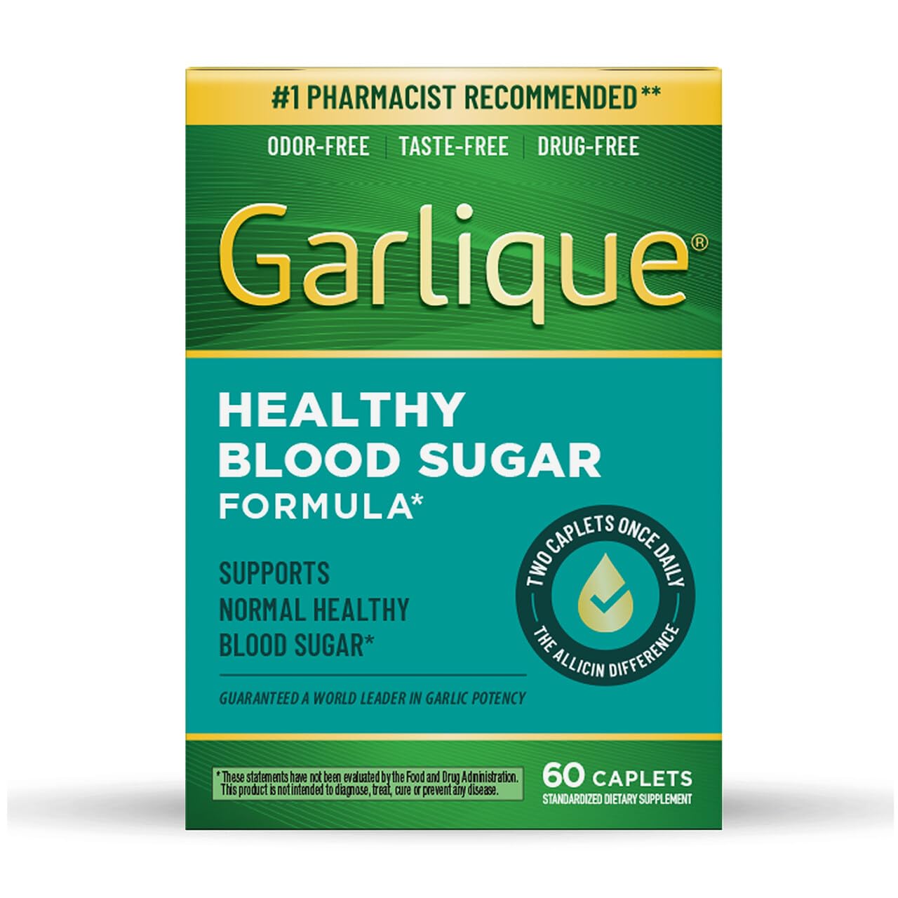 Garlique garlic extract bottle with 60 caplets supporting healthy blood sugar range.
