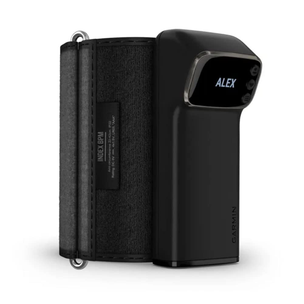 Garmin Index BPM arm close-up showing a gentle, secure cuff during use.