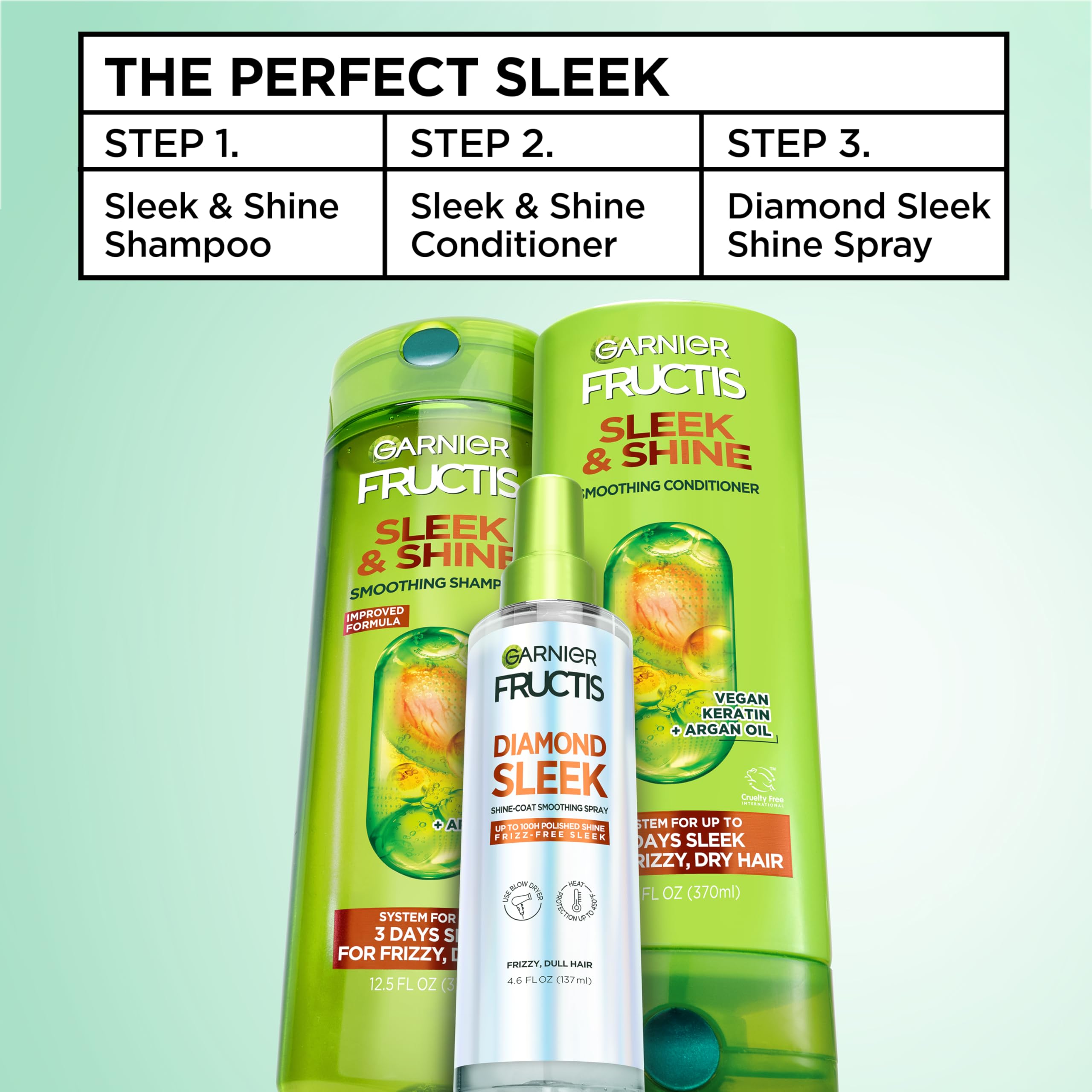 Garnier Fructis Diamond Sleek infused with vegan keratin smoothing complex and argan oil.