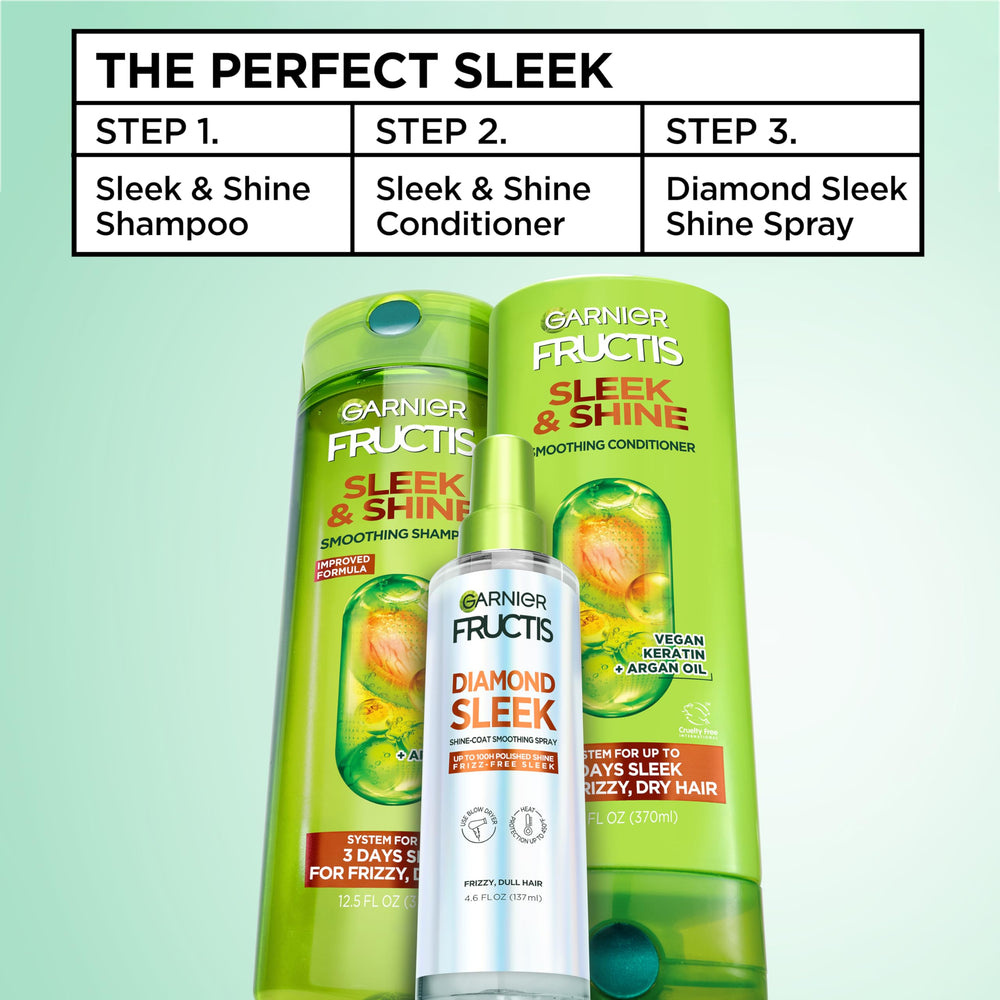 Garnier Fructis Diamond Sleek infused with vegan keratin smoothing complex and argan oil.