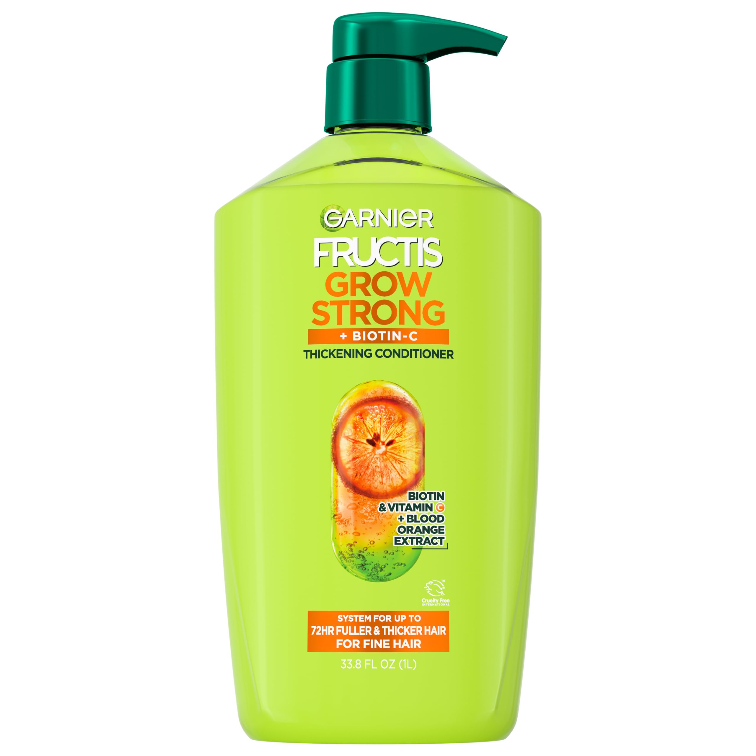 Garnier Fructis Grow Strong conditioner bottle highlighting fullness for fine hair.