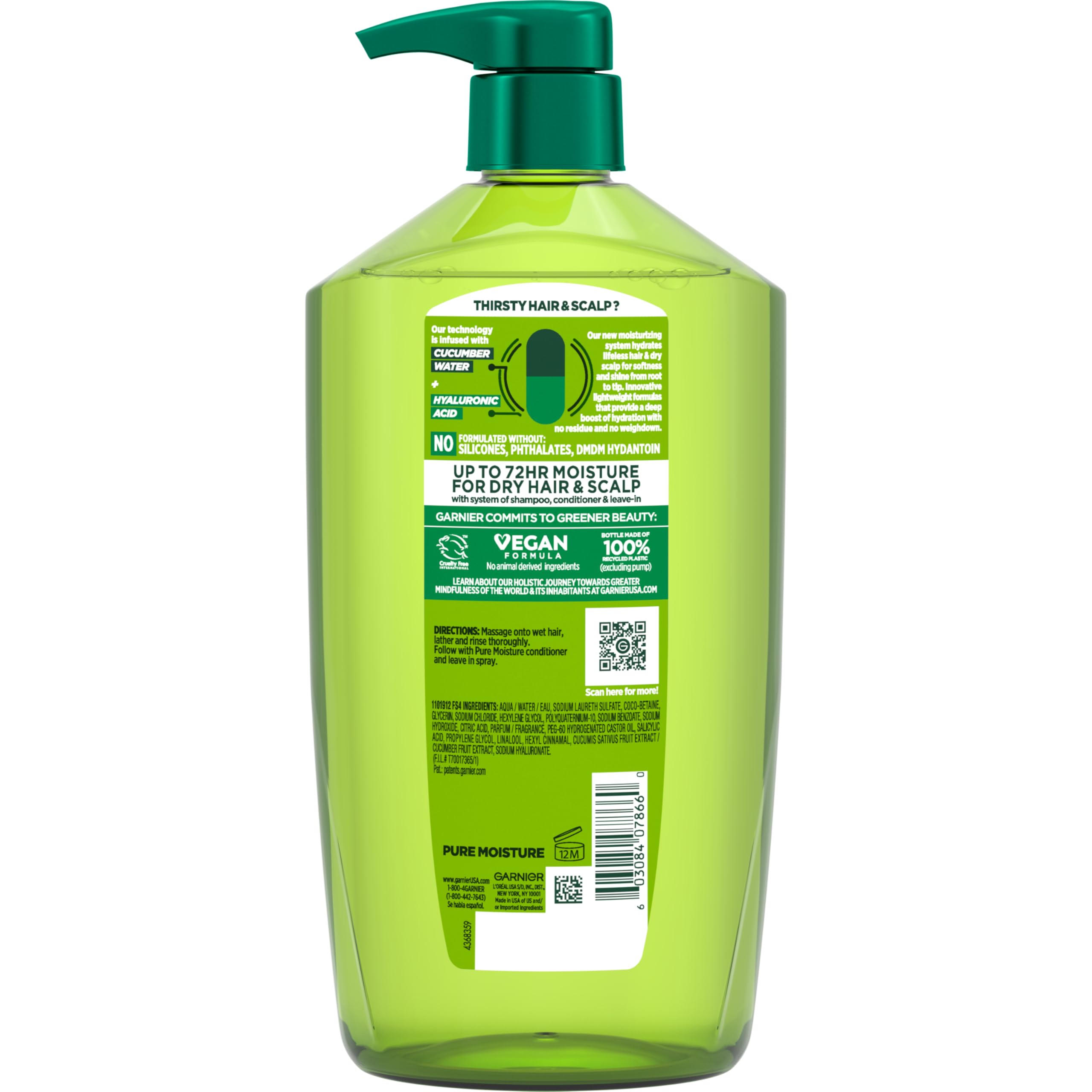 Garnier Fructis Pure Moisture shampoo label highlighting paraben- and silicone-free claim