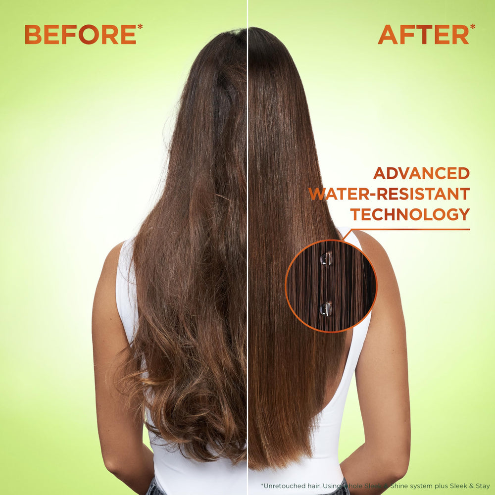 Garnier Fructis Sleek and Stay serum being dispensed onto damp hair