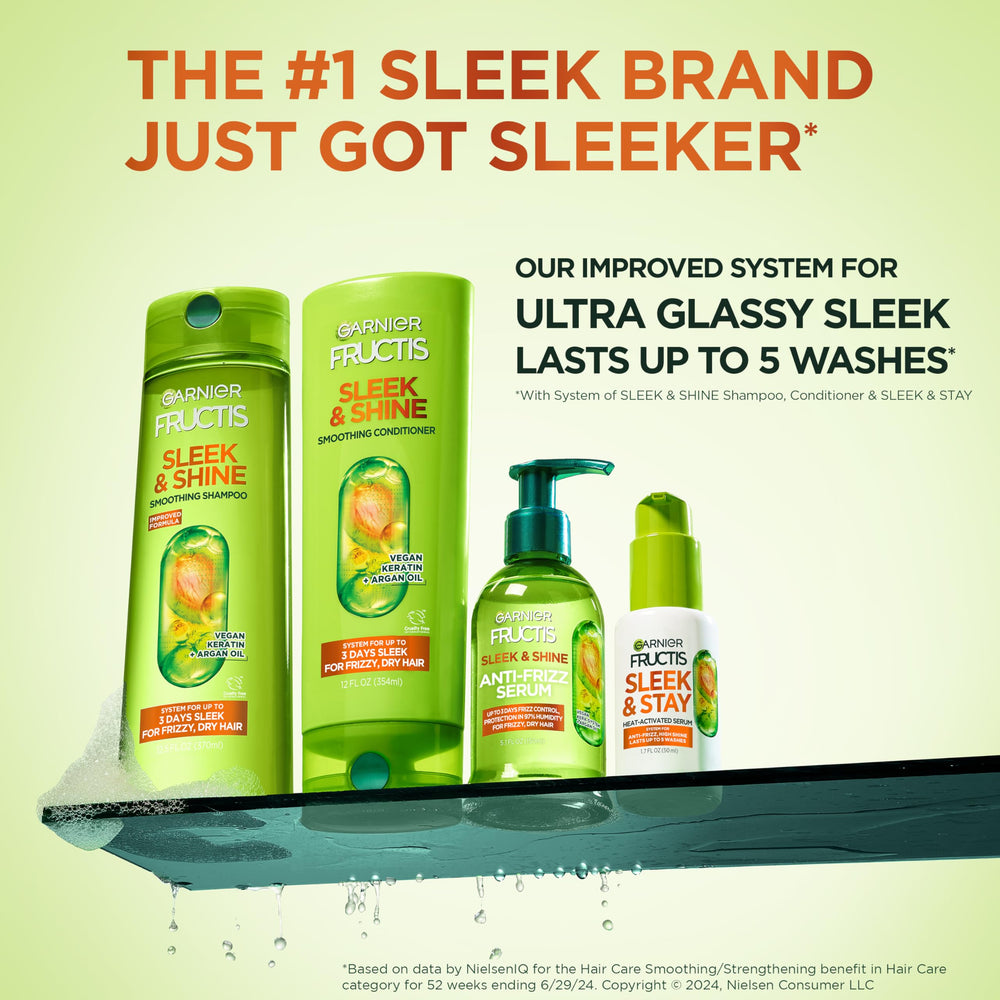 Garnier Fructis Sleek & Shine conditioner bottle delivers smoothing hydration.