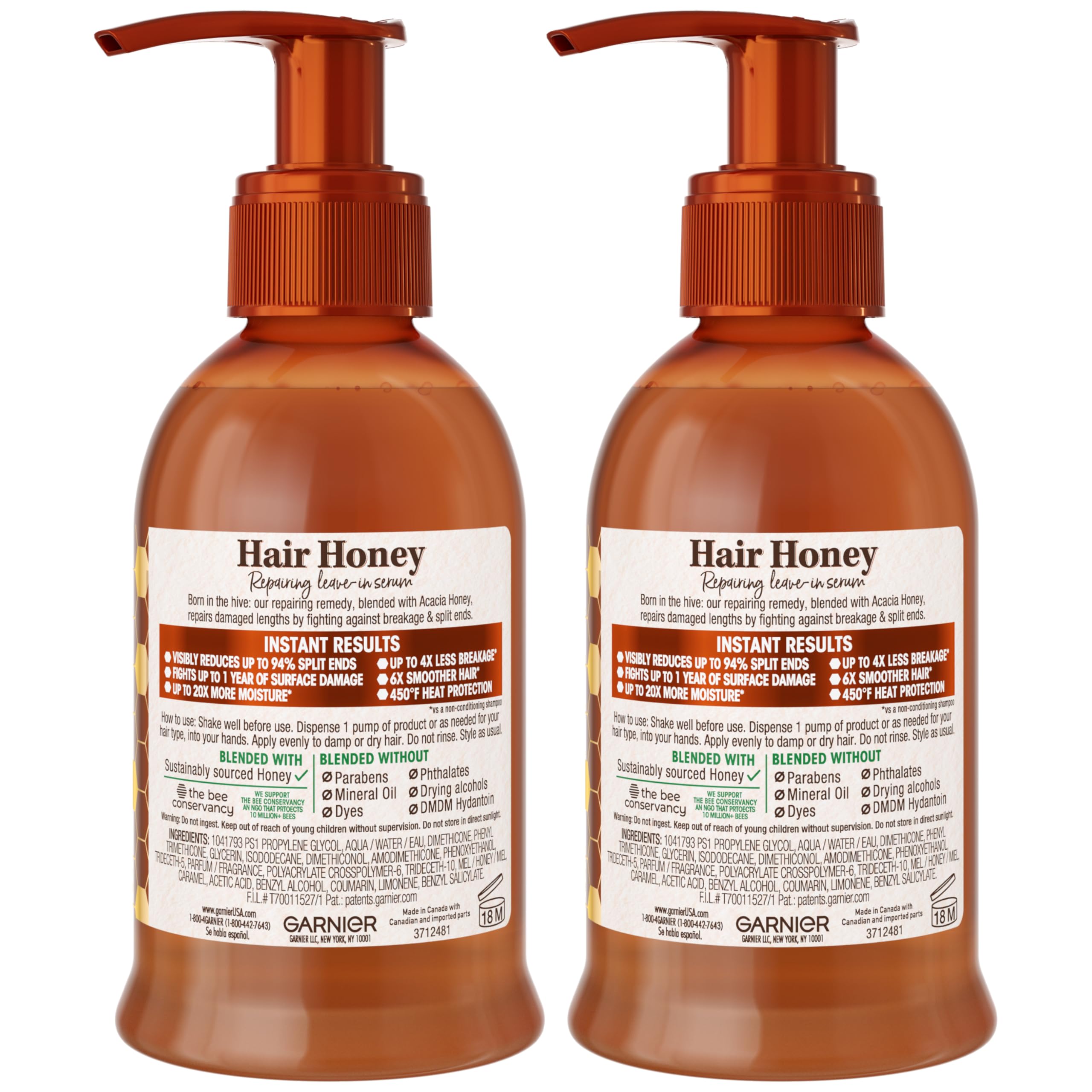 Garnier Honey Infused Serum applied to hair, moisture boost for smoothness.