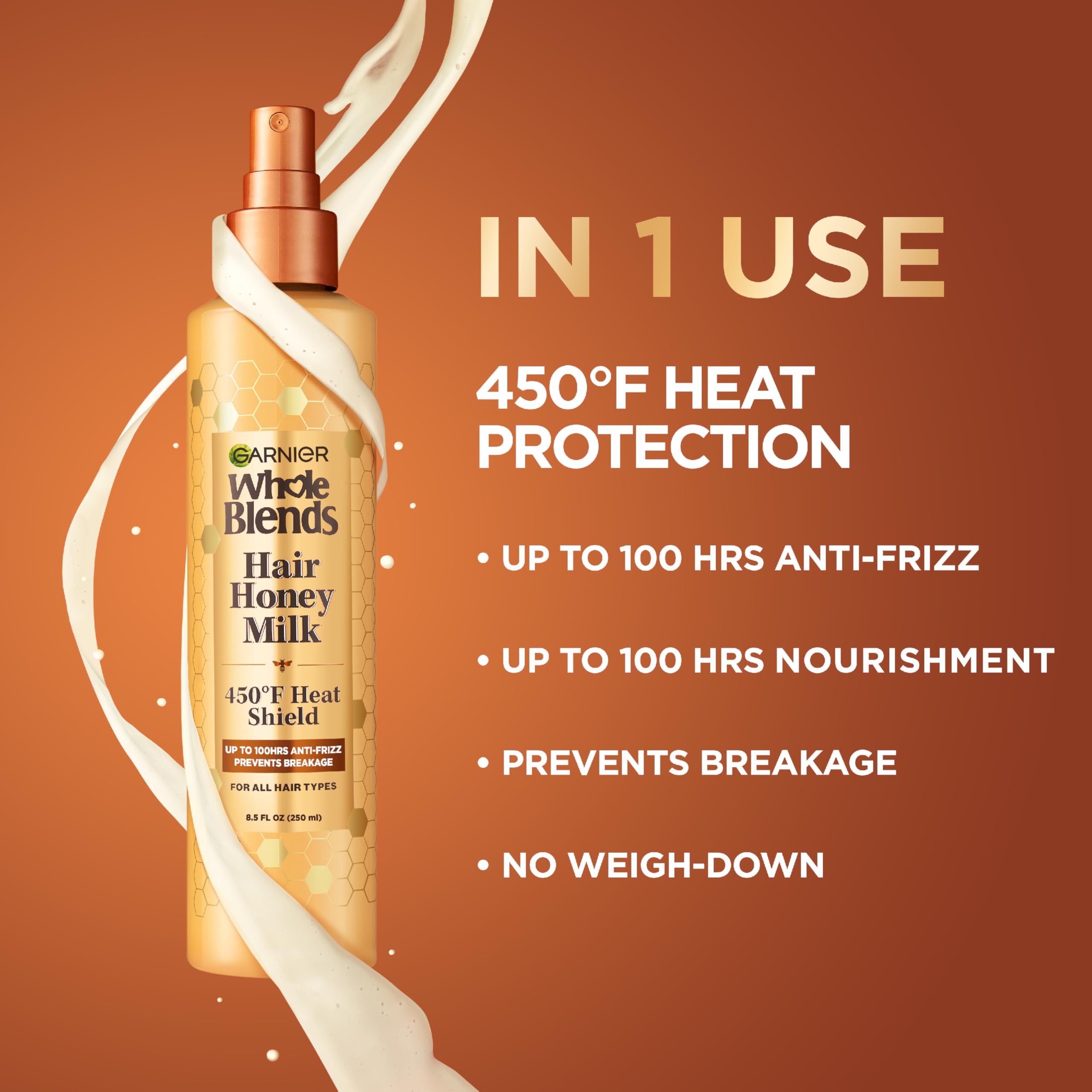 Garnier Honey Milk 450f heat-protectant spray bottle highlighted for high-heat styling.