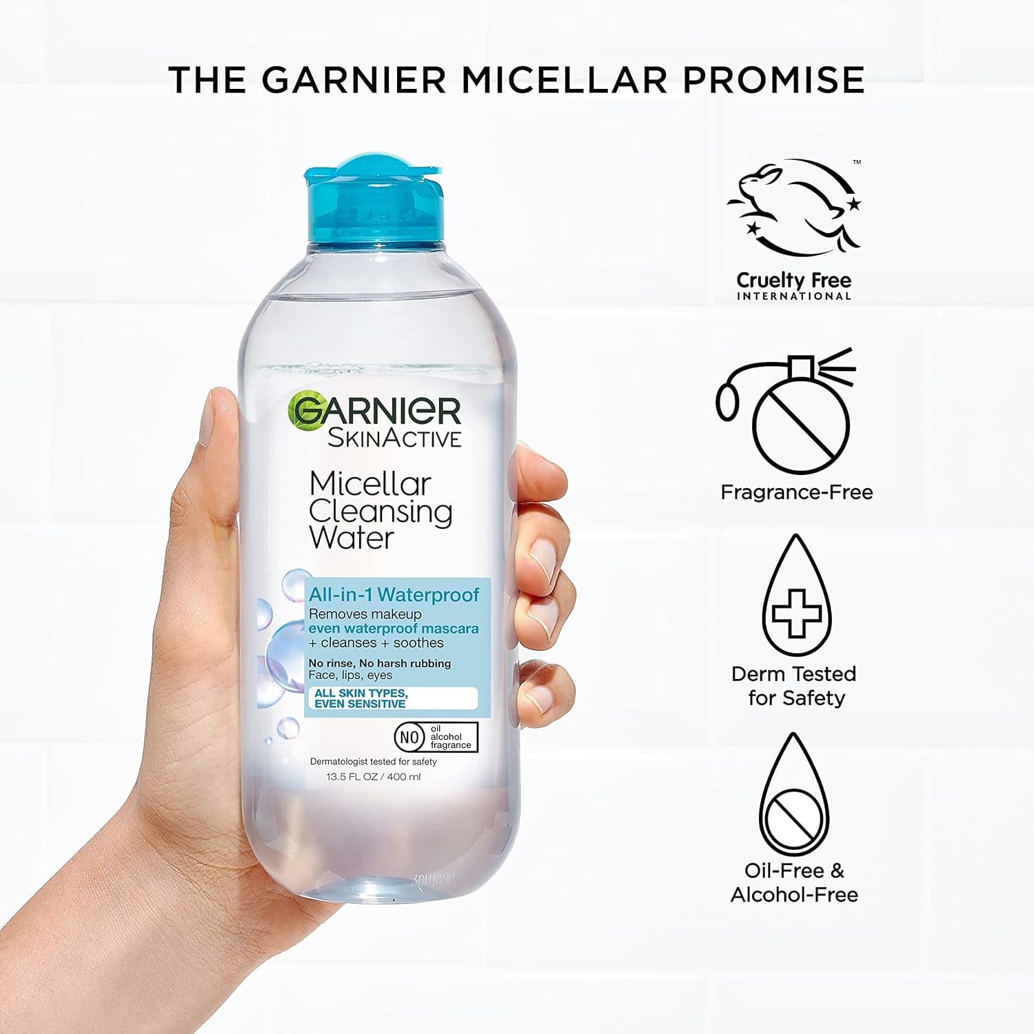 Garnier Micellar Water All-in-One Cleanser bottle for quick makeup removal and cleansing.