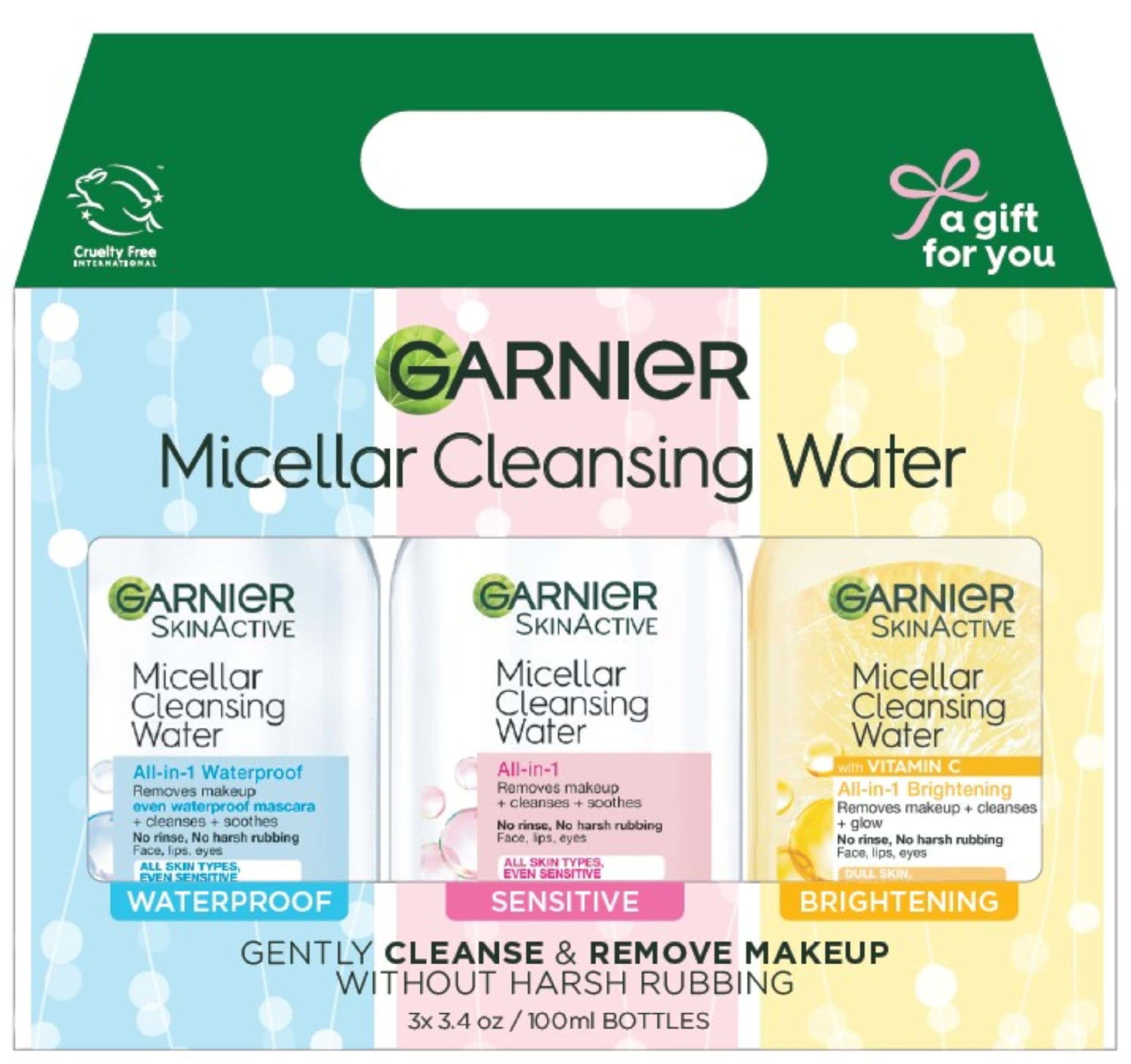 Garnier Vitamin C Micellar Water bottle, brightens while cleansing without rinsing.