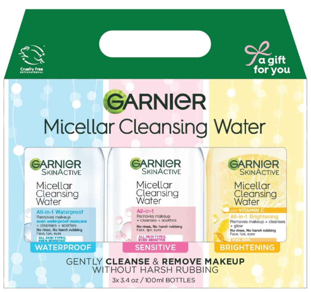 Garnier Vitamin C Micellar Water bottle, brightens while cleansing without rinsing.