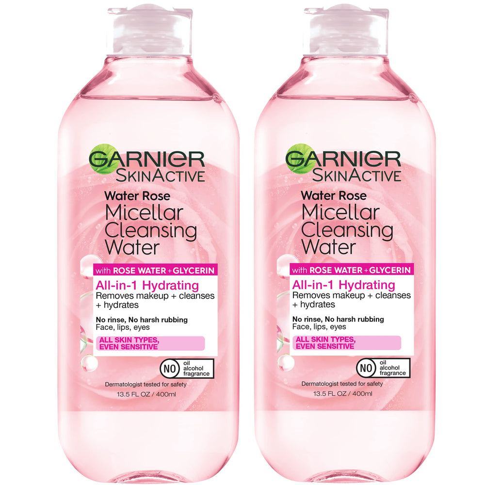 Garnier Micellar Water with Rose Water applying makeup removal gently.