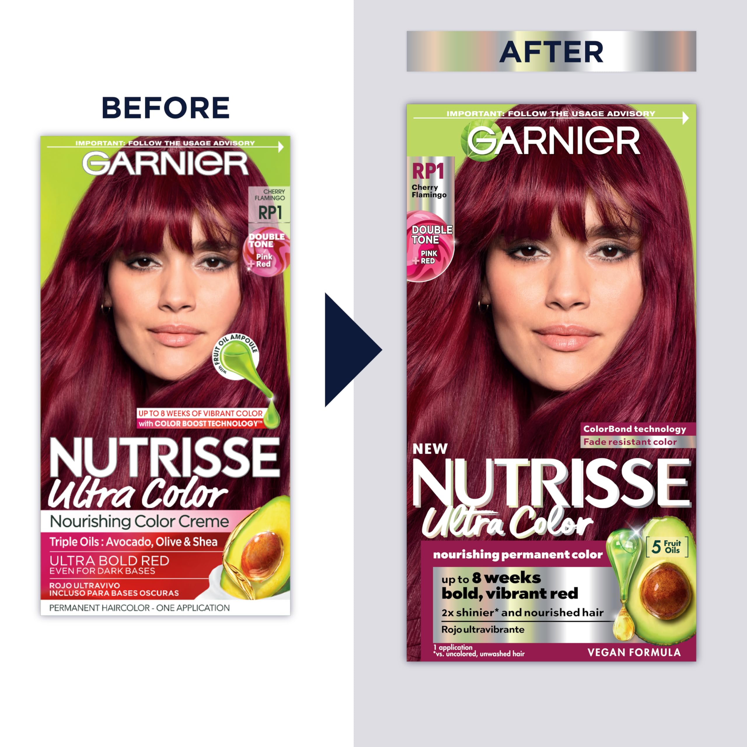 Garnier Nutrisse RP1 color swatches displaying pink red shade range