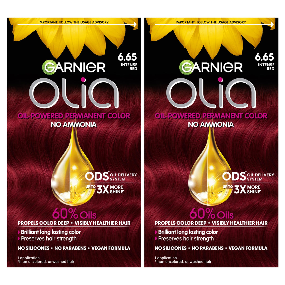 Garnier Olia 6.65 Intense Red application with ammonia-free formula.