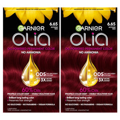 Garnier Olia 6.65 Intense Red application with ammonia-free formula.