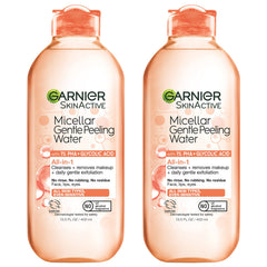 Garnier SkinActive Gentle Peeling Micellar Water bottle pouring for easy cleansing