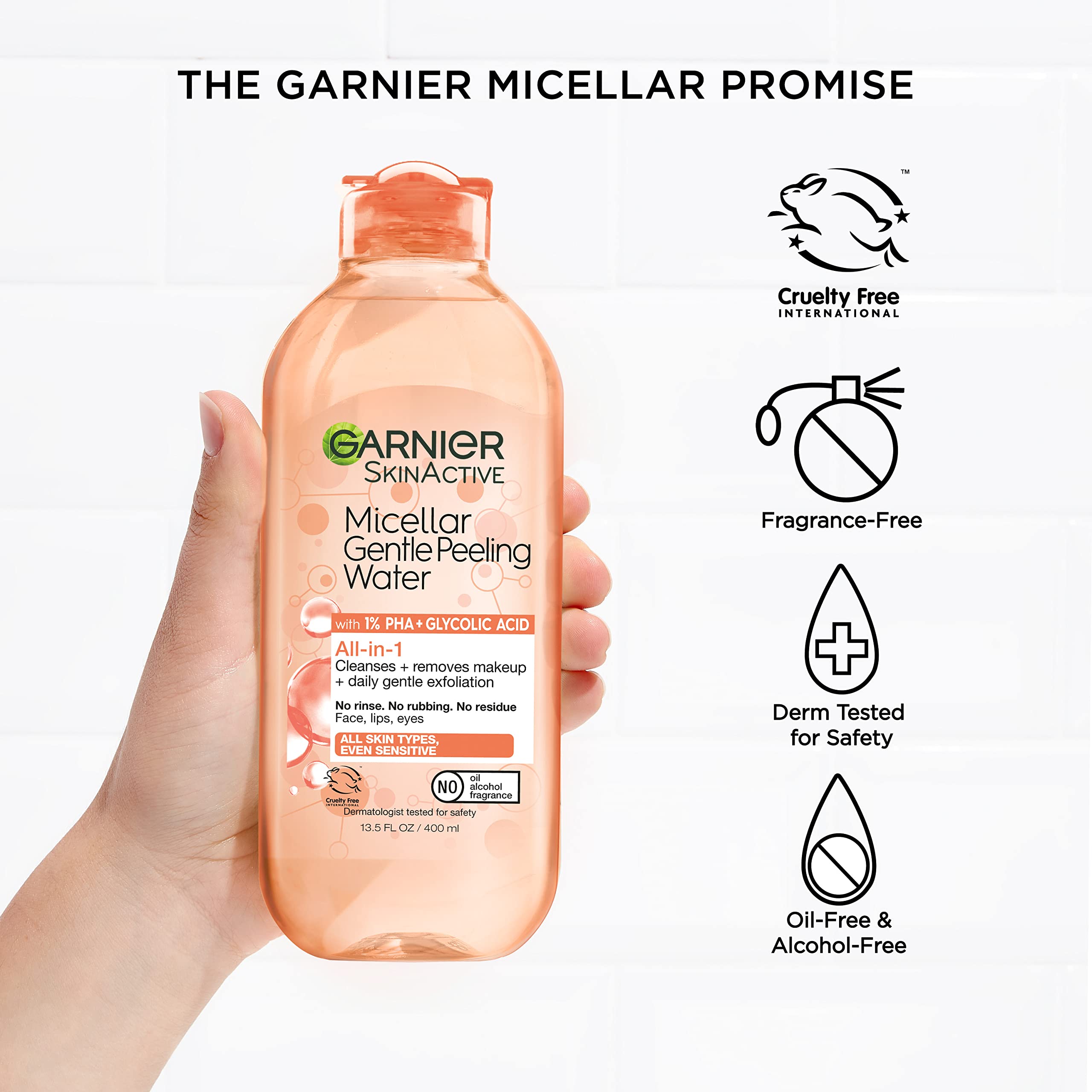 Garnier SkinActive gentle peeling micellar water close-up texture showing exfoliation
