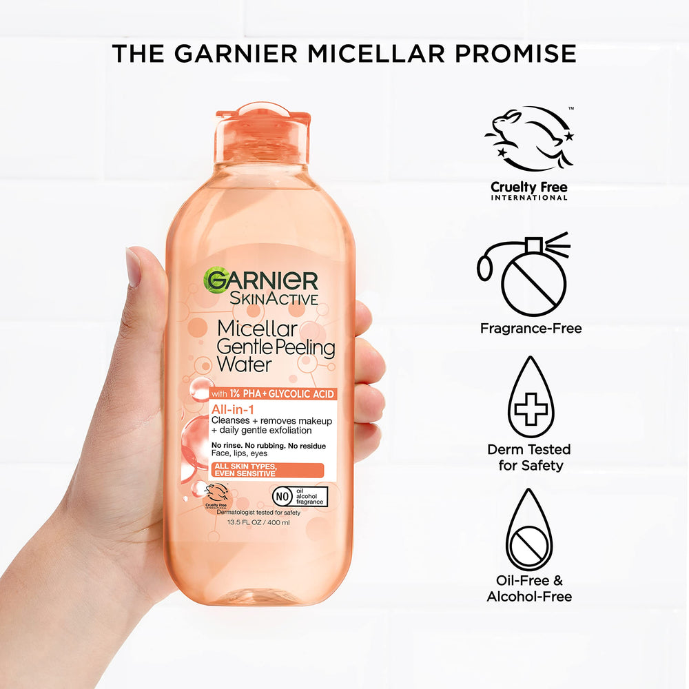 Garnier SkinActive gentle peeling micellar water close-up texture showing exfoliation