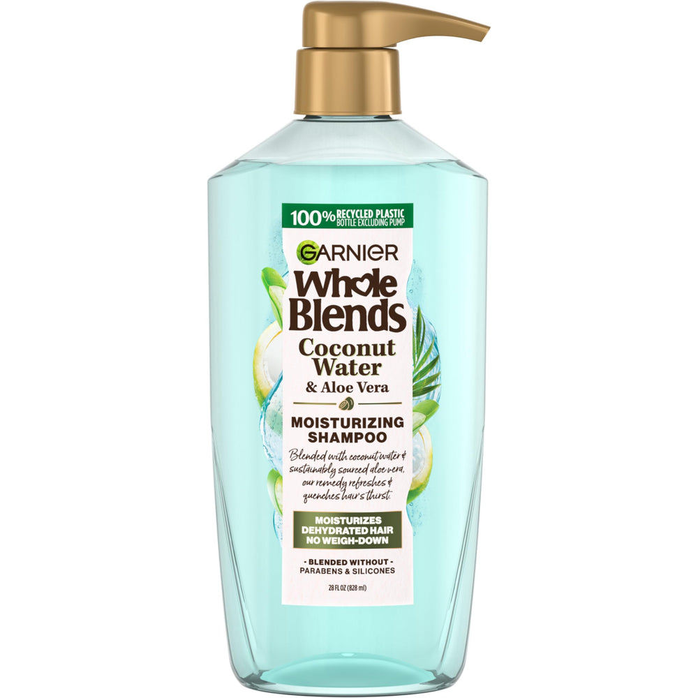 Garnier Whole Blends coconut water shampoo bottle front view for refreshing hydration