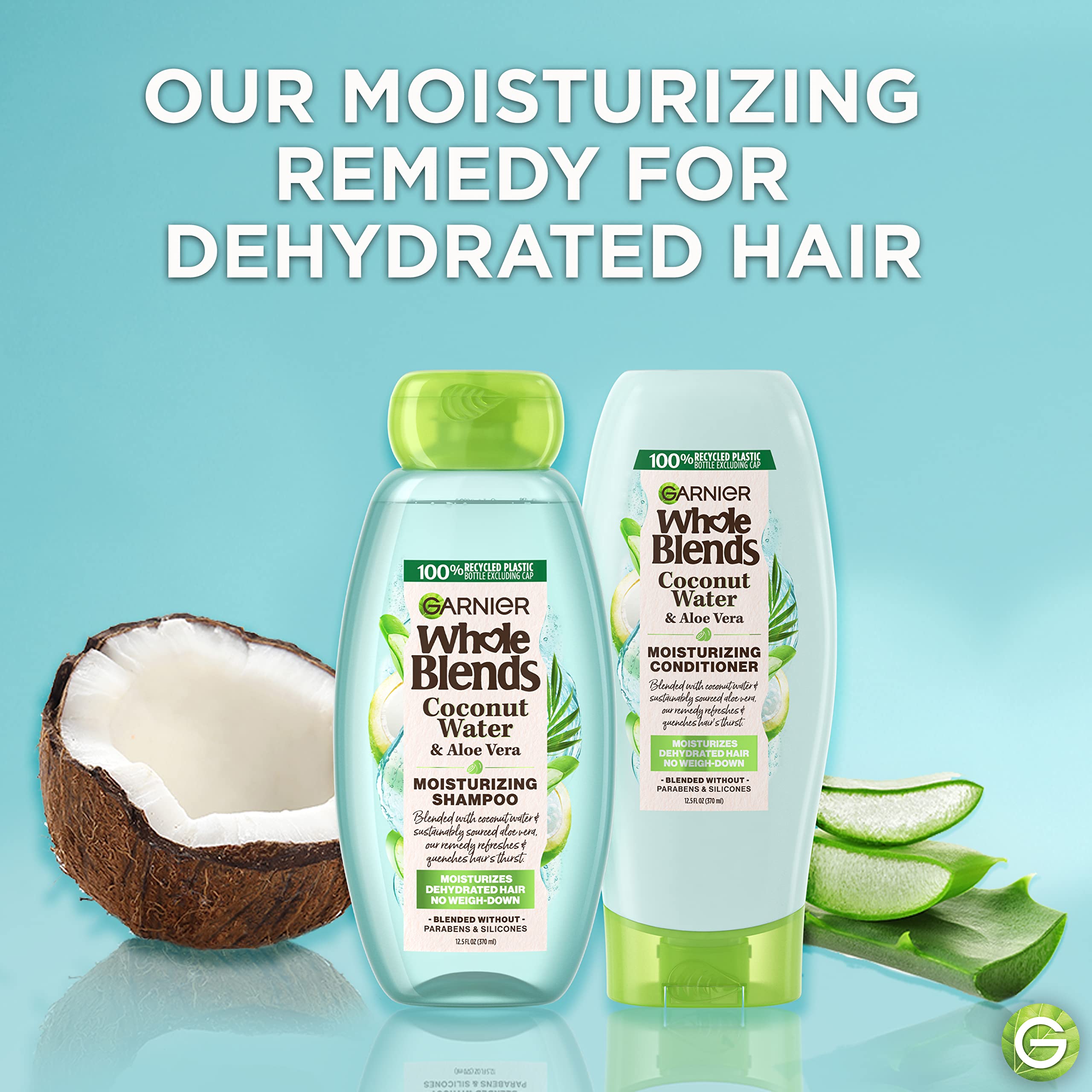 Close-up of Garnier Whole Blends coconut water and aloe vera shampoo label showing lightweight hydration
