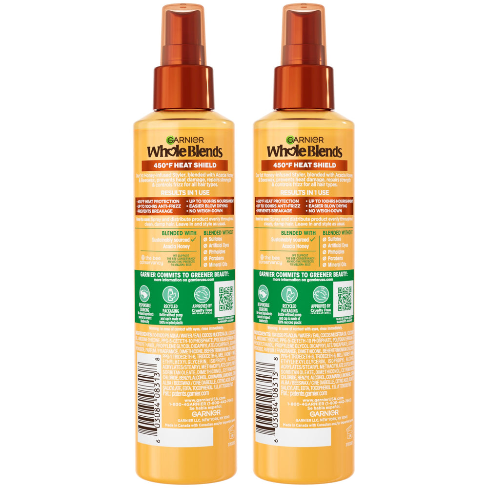 Garnier Whole Blends bee wax visuals showing formula blend for fortified hair.