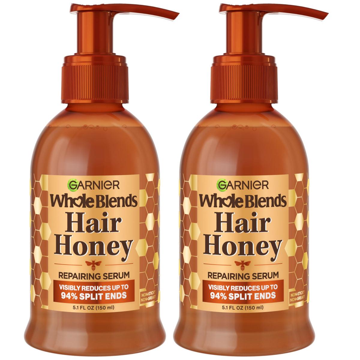 Garnier Hair Honey Serum bottle close-up showing repair-focused, honey-inspired formula for damaged hair.