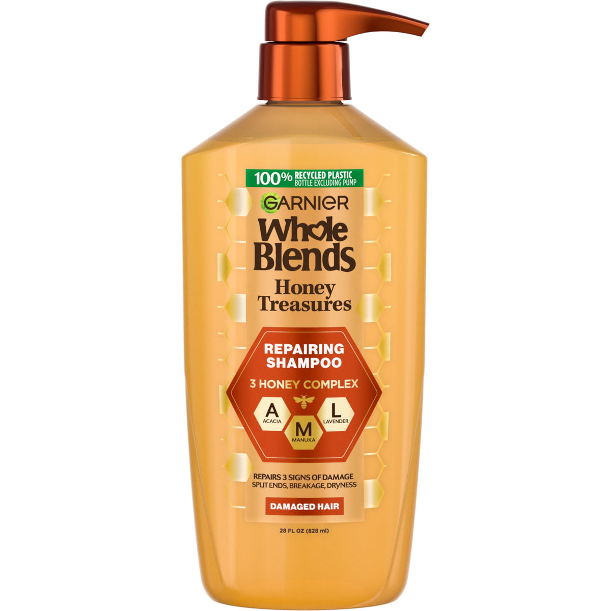 Garnier Whole Blends Honey Treasures shampoo bottle showing the hair repair system for dry hair