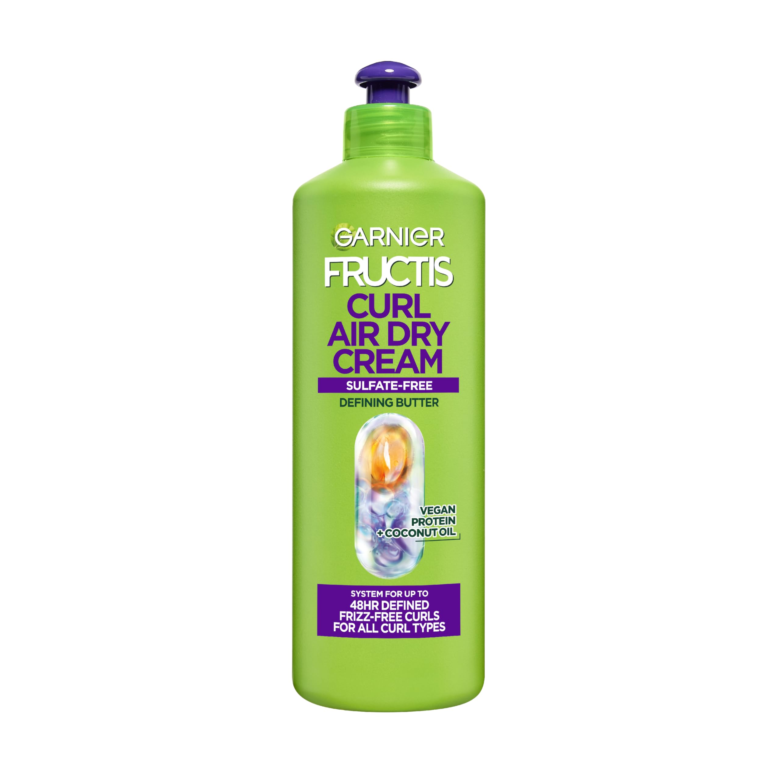 Garnier Fructis Curl Nourish Air Dry Cream close-up bottle focusing on moisture for all curls