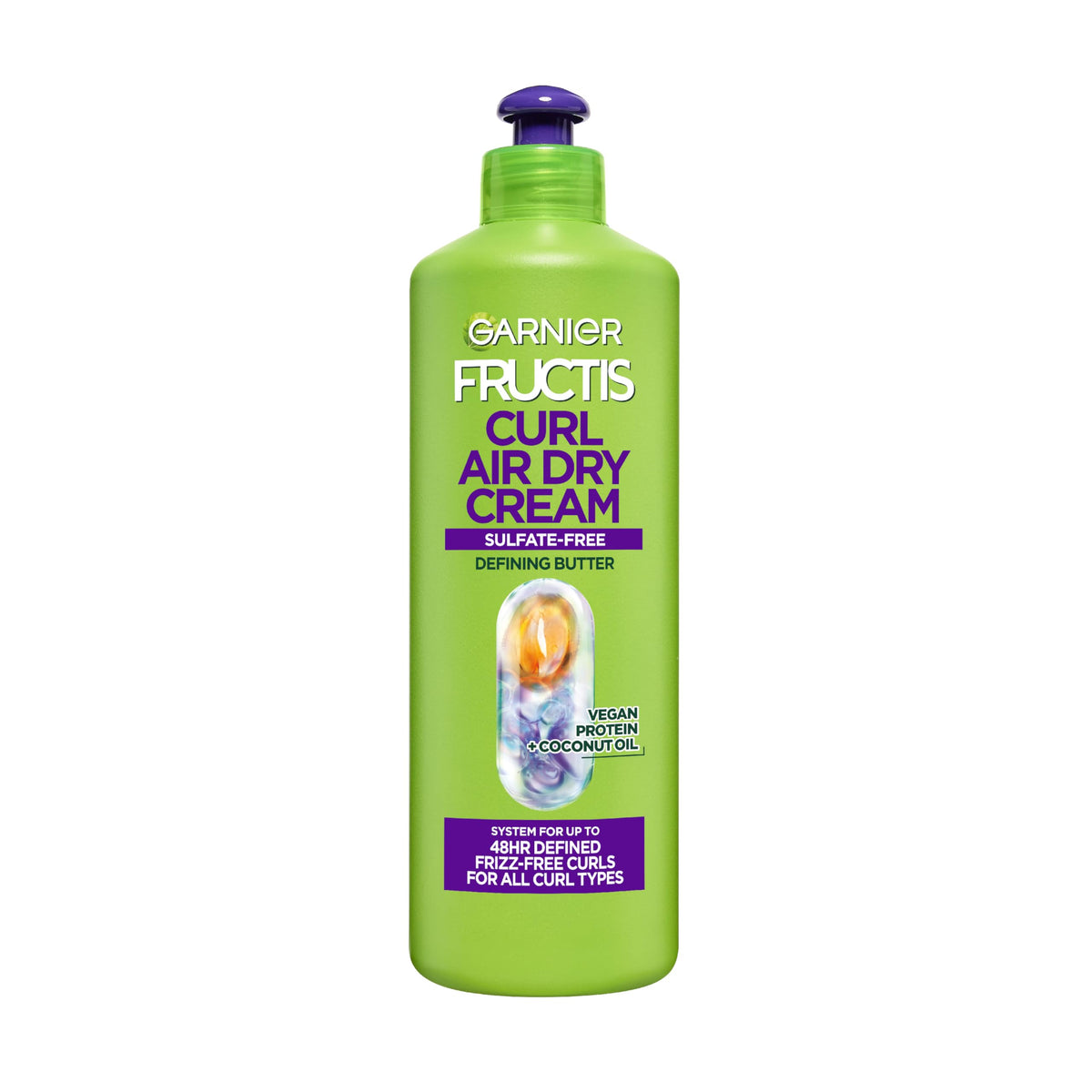 Garnier Fructis Curl Nourish Air Dry Cream close-up bottle focusing on moisture for all curls