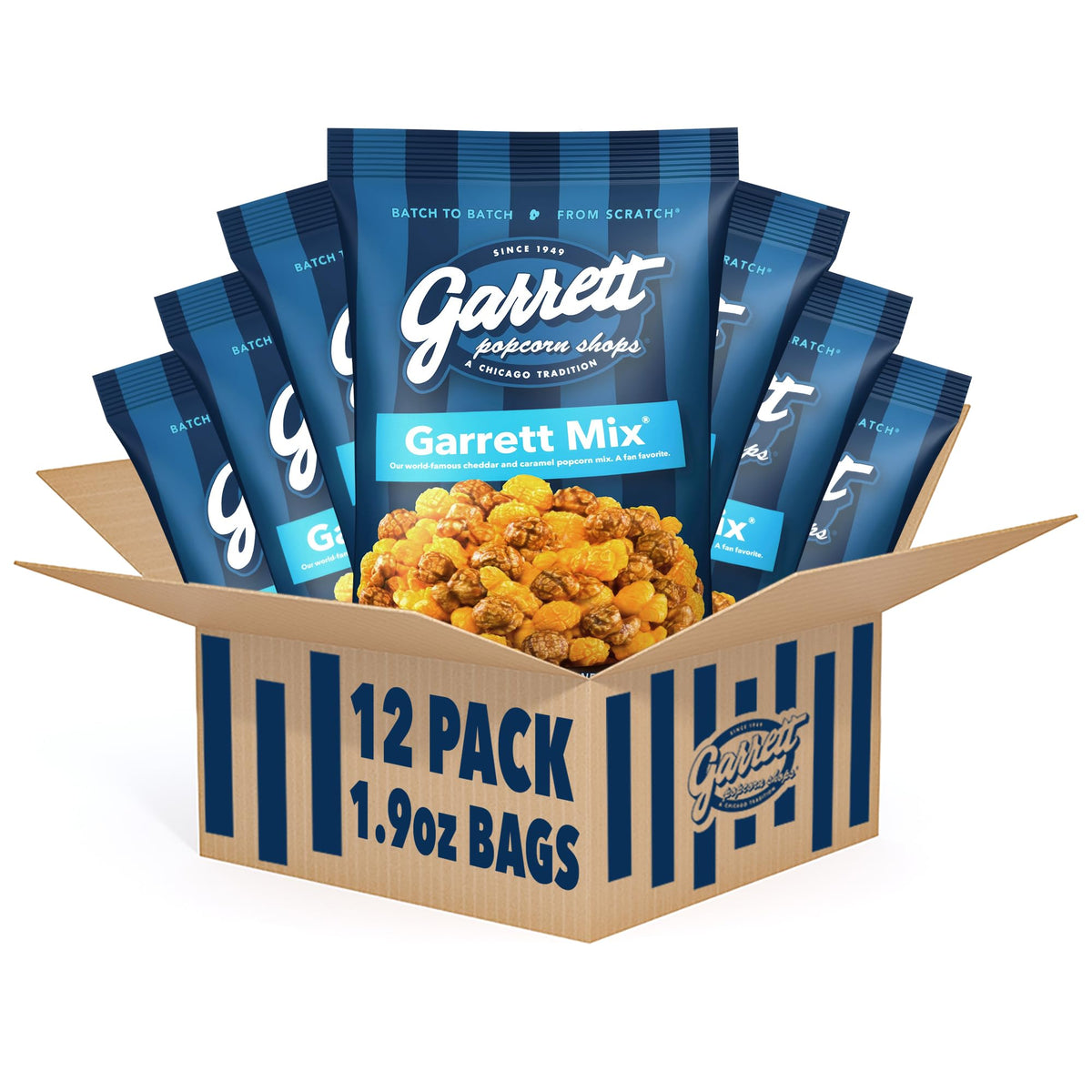 Garrett Popcorn Garrett Mix cheese caramel bags showcase bold sweet-salty flavor.