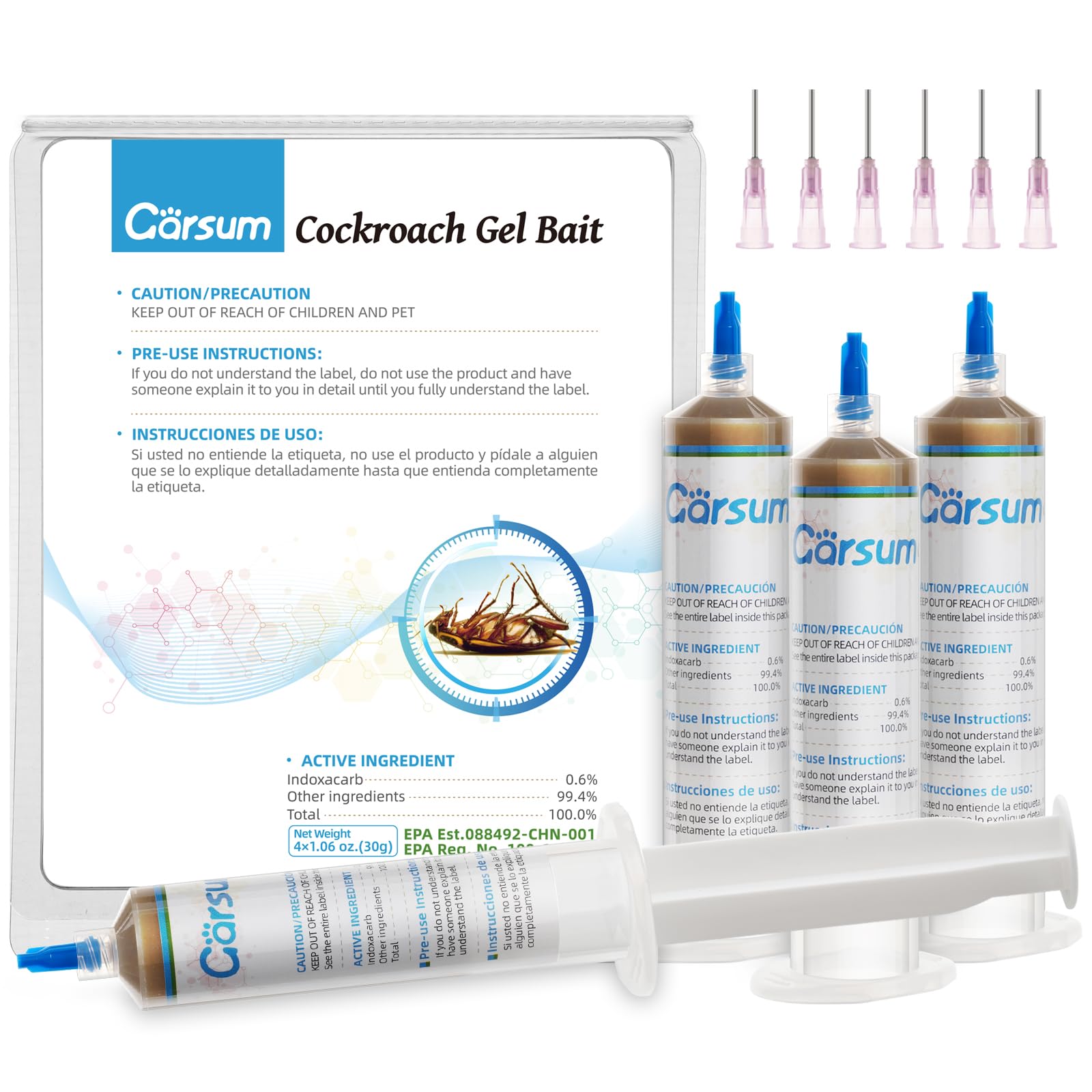 Garsum Cockroach Gel Bait box front with four 30 g syringes for versatile control.