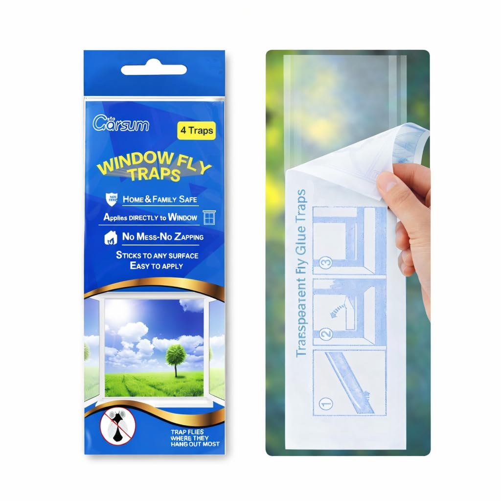 Garsum window-fly-traps adhesive strip on glass captures flies safely without residue.