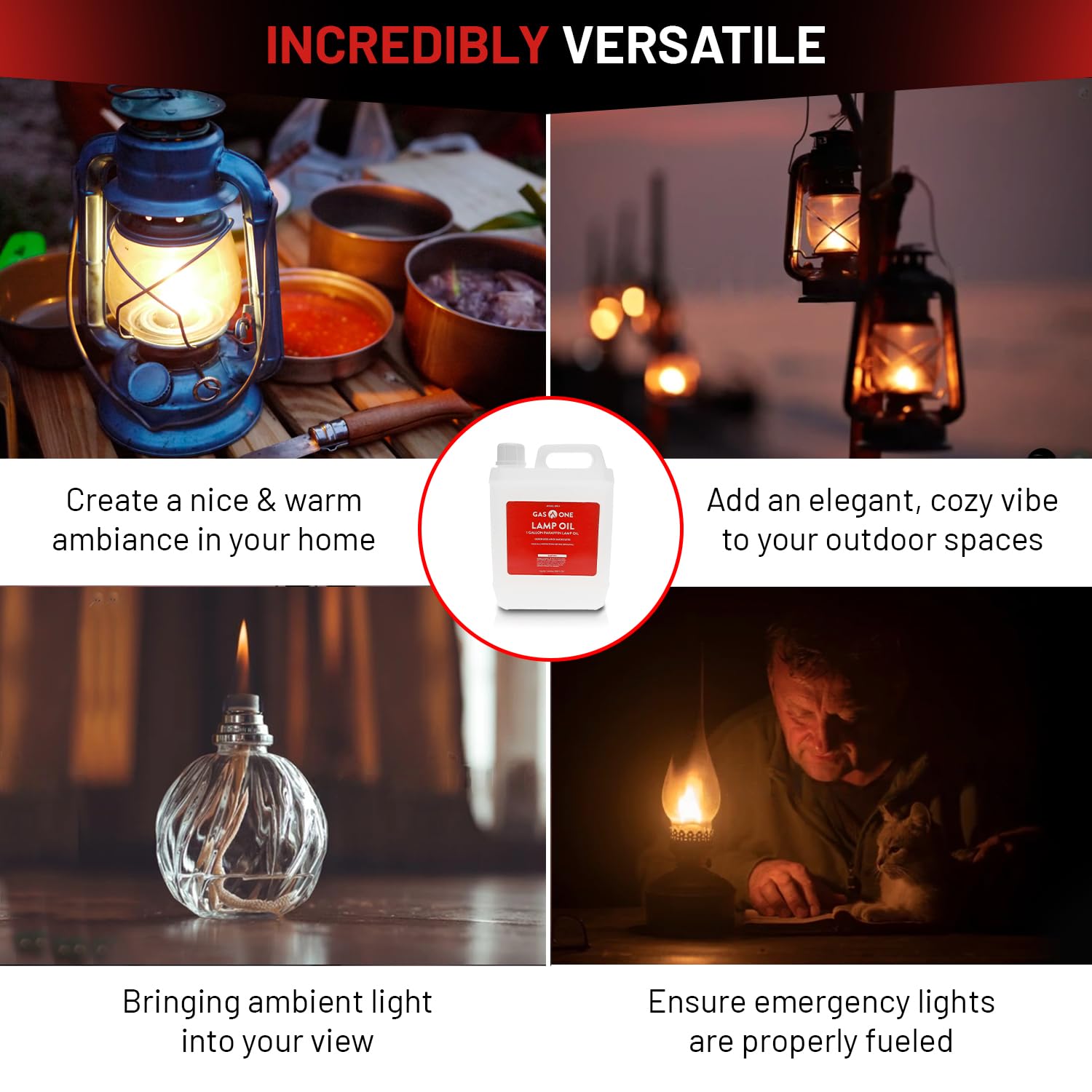 Gas One paraffin oil powers emergency lights with a steady, odor-conscious flame