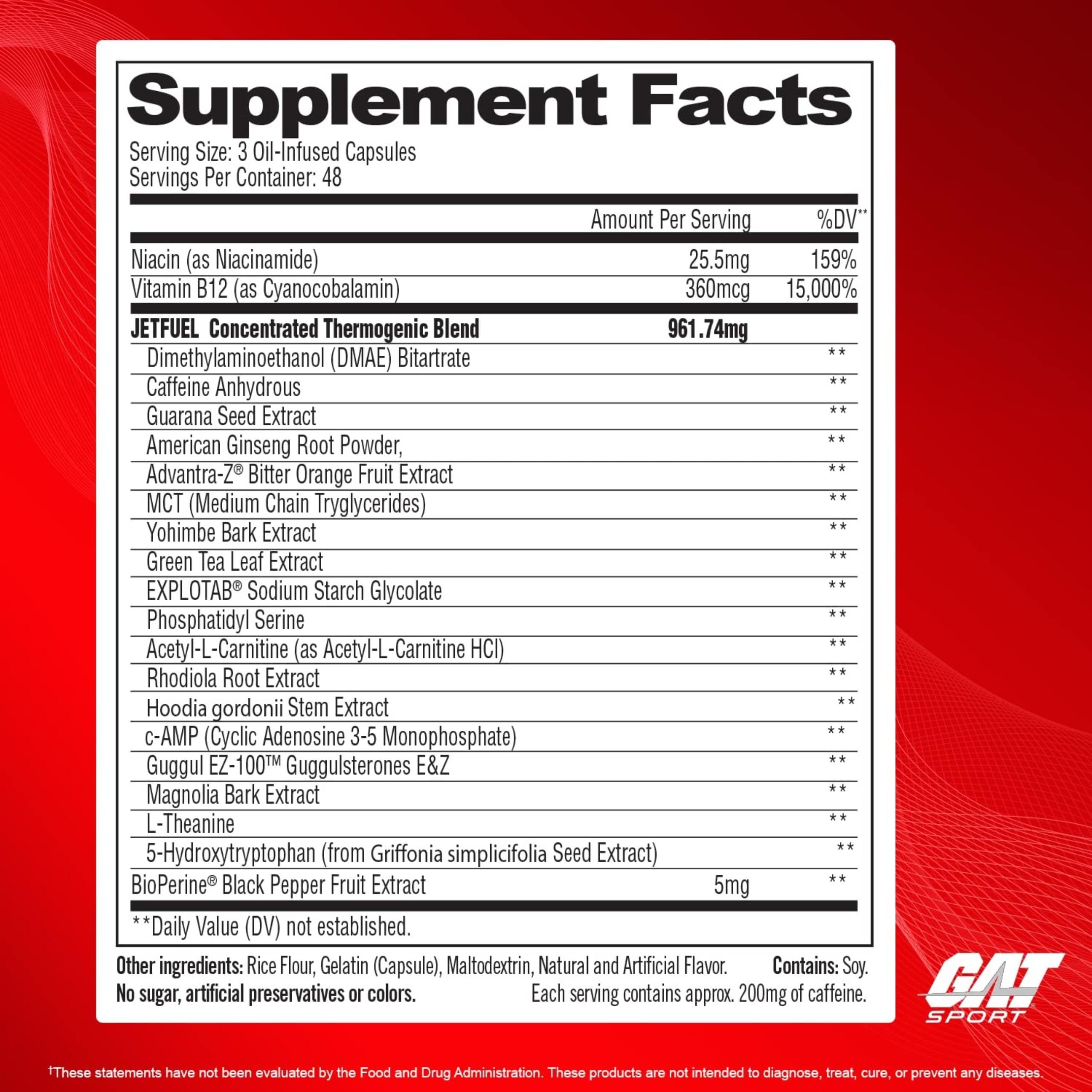 GAT SPORT JetFuel Original bottle back view shows supplement facts for informed use
